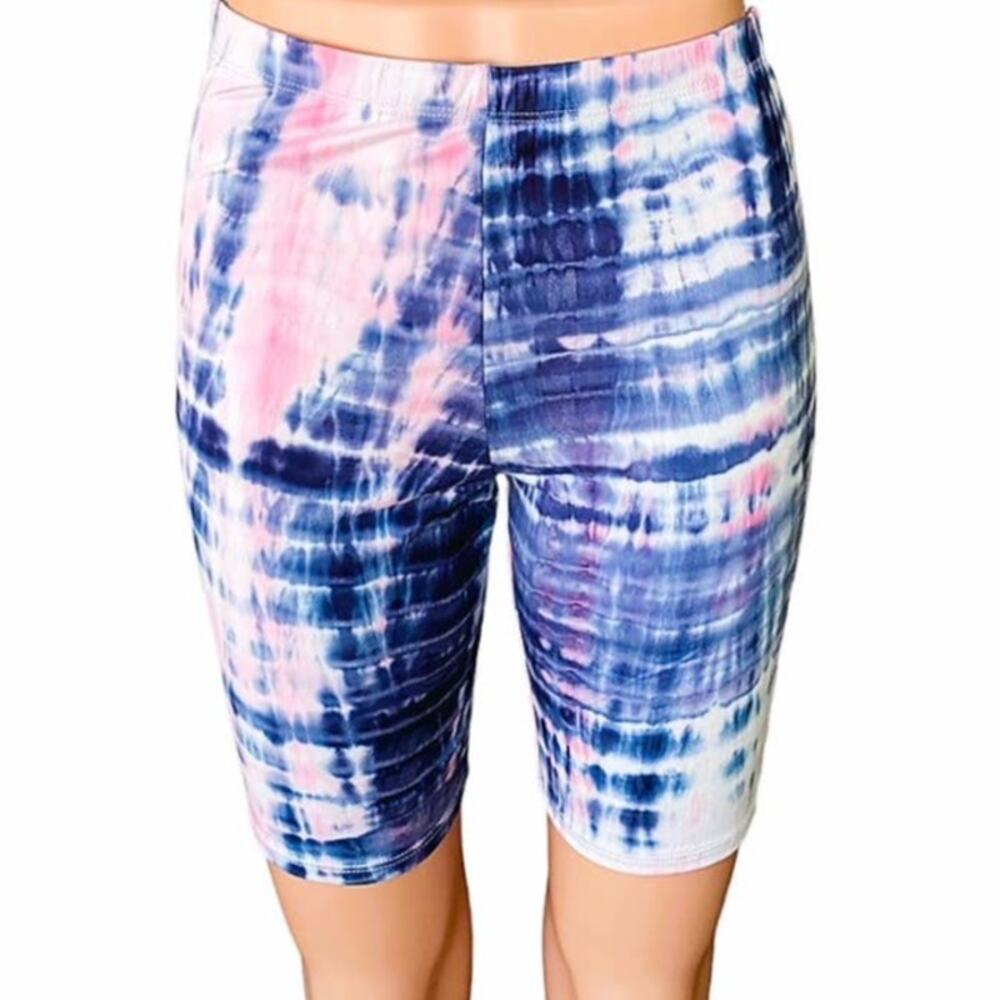 Tie-Dye Blue & Pink Women's Long Activewear Shorts by CY FASHION ~ Size MEDIUM